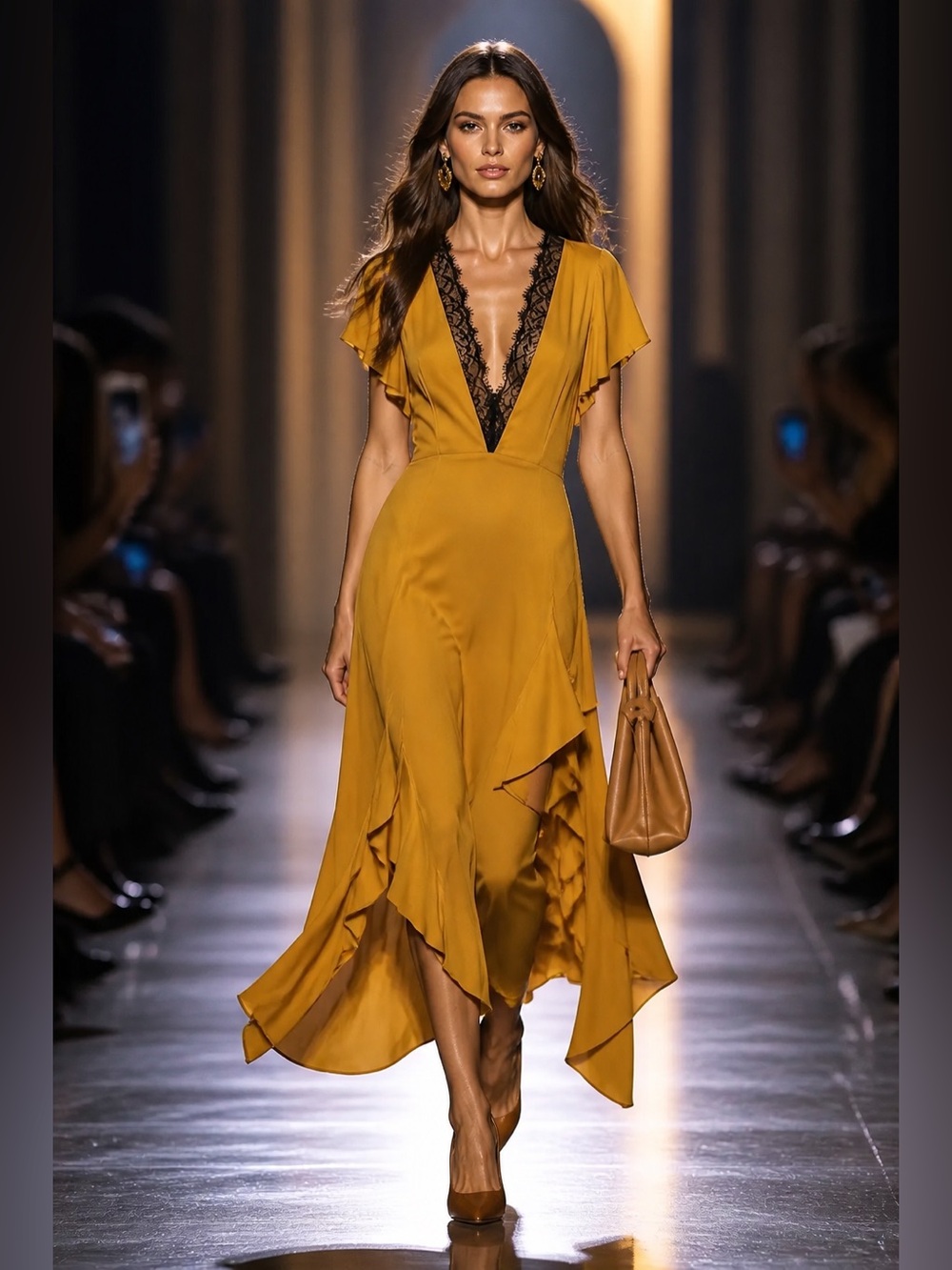 # 279 Topshop Mustard Yellow Deep V High-Low Dress with Black Lace Trim